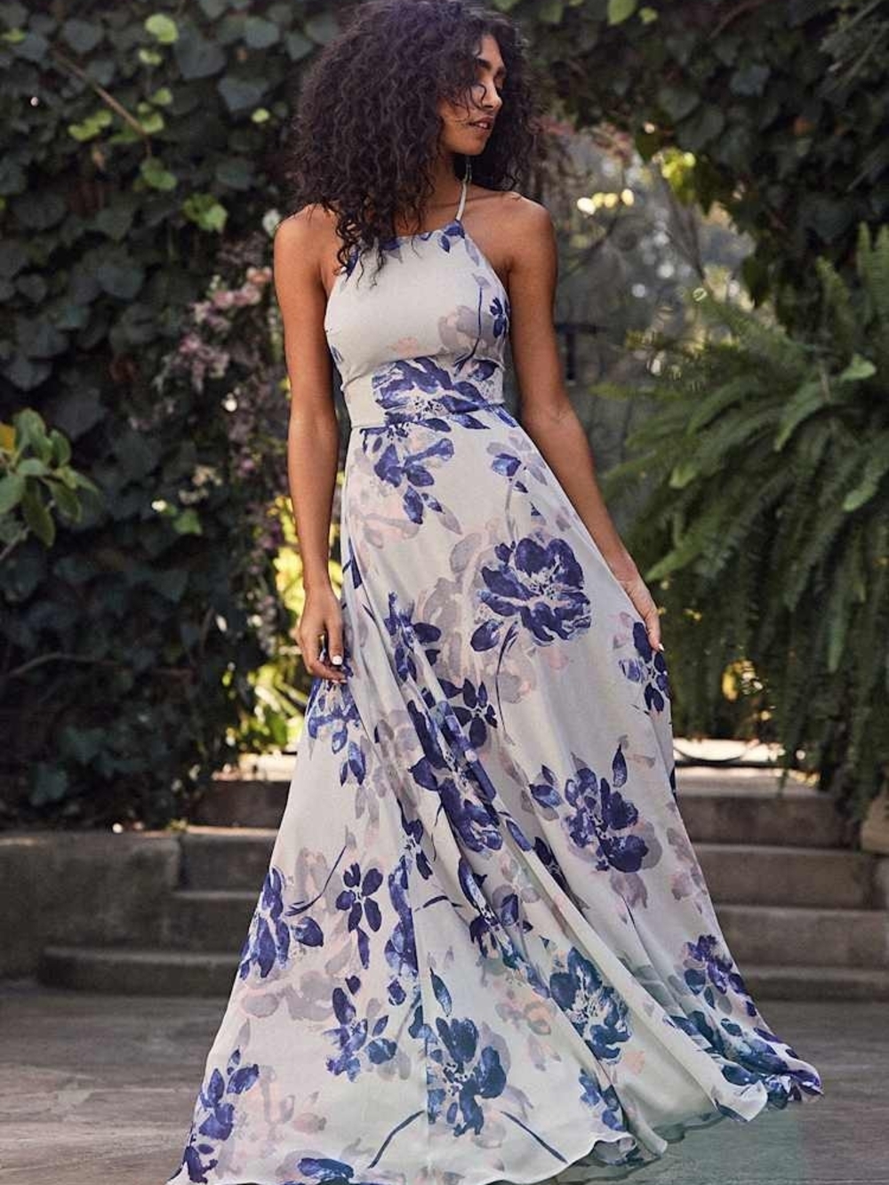Lulu's Cream Halter Maxi Dress with Blue Floral Print